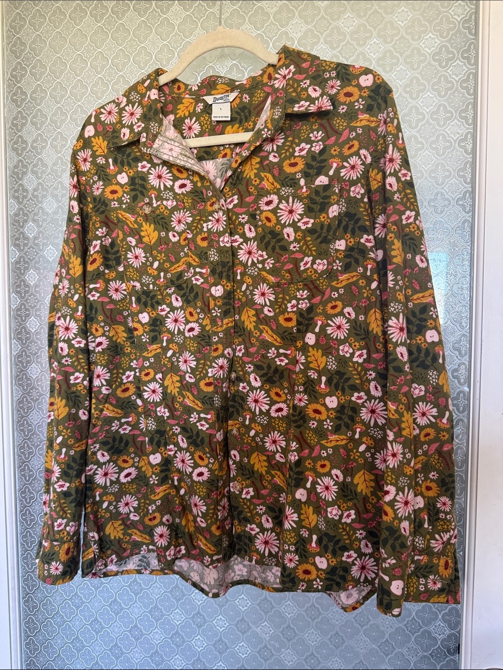 Duluth Olive Green Floral Button-Down Shirt with Pink and Mustard Flowers
